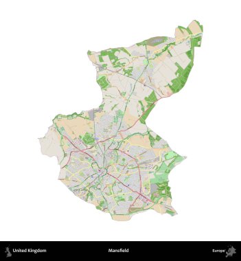Mansfield. Birleşik Krallık 'ın idari alanı bir OpenStreetMap Fransız tarzı haritada beyazda izole edildi