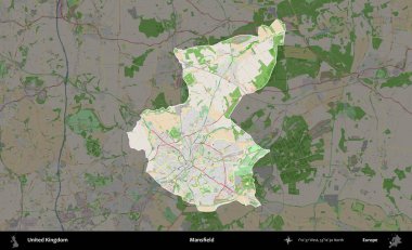 Mansfield. Birleşik Krallık 'ın idari alanı koyu renk bir OpenStreetMap Fransız tarzı haritada altı çizilmiş ve özetlenmiştir