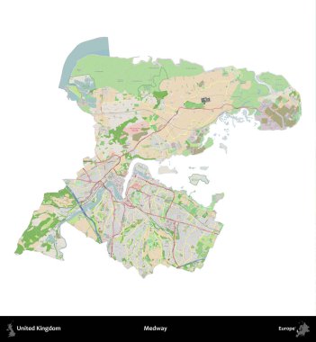 Medway. Birleşik Krallık 'ın idari alanı bir OpenStreetMap Fransız tarzı haritada beyazda izole edildi