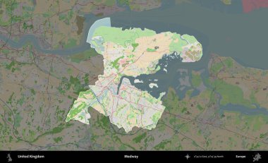 Medway. Birleşik Krallık 'ın idari alanı koyu renk bir OpenStreetMap Fransız tarzı haritada altı çizilmiş ve özetlenmiştir