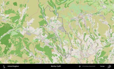 Merthyr Tydfil. Bir OpenStreetMap Fransız tarzı haritada Birleşik Krallık 'ın özetlenmiş idari alanı