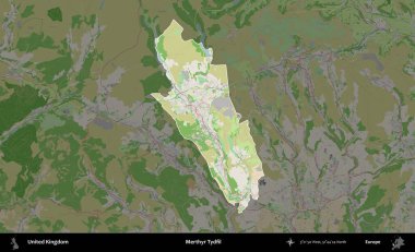 Merthyr Tydfil. Birleşik Krallık 'ın idari alanı koyu renk bir OpenStreetMap Fransız tarzı haritada altı çizilmiş ve özetlenmiştir