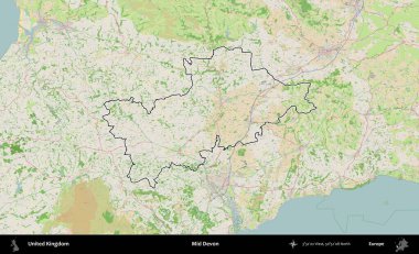 Devon 'ın ortası. Bir OpenStreetMap Fransız tarzı haritada Birleşik Krallık 'ın özetlenmiş idari alanı
