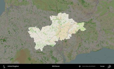 Devon 'ın ortası. Birleşik Krallık 'ın idari alanı koyu renk bir OpenStreetMap Fransız tarzı haritada altı çizilmiş ve özetlenmiştir