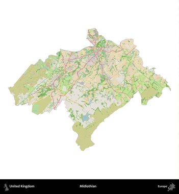 Midlothian. Birleşik Krallık 'ın idari alanı bir OpenStreetMap Fransız tarzı haritada beyazda izole edildi