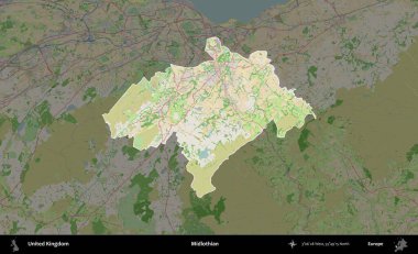 Midlothian. Birleşik Krallık 'ın idari alanı koyu renk bir OpenStreetMap Fransız tarzı haritada altı çizilmiş ve özetlenmiştir