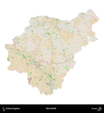 Suffolk 'un ortası. Birleşik Krallık 'ın idari alanı bir OpenStreetMap Fransız tarzı haritada beyazda izole edildi