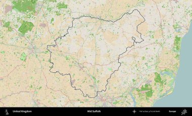 Suffolk 'un ortası. Bir OpenStreetMap Fransız tarzı haritada Birleşik Krallık 'ın özetlenmiş idari alanı