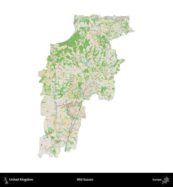Sussex 'in ortasında. Birleşik Krallık 'ın idari alanı bir OpenStreetMap Fransız tarzı haritada beyazda izole edildi
