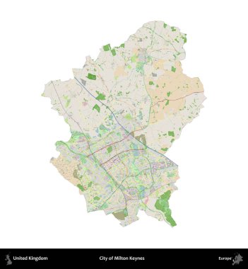 Milton Keynes şehri. Birleşik Krallık 'ın idari alanı bir OpenStreetMap Fransız tarzı haritada beyazda izole edildi