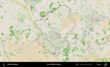 Milton Keynes şehri. Bir OpenStreetMap Fransız tarzı haritada Birleşik Krallık 'ın özetlenmiş idari alanı