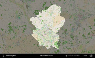 Milton Keynes şehri. Birleşik Krallık 'ın idari alanı koyu renk bir OpenStreetMap Fransız tarzı haritada altı çizilmiş ve özetlenmiştir