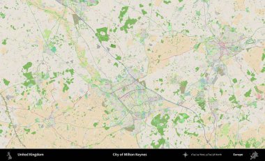 Milton Keynes şehri. Bir OpenStreetMap Fransız stili haritasında Birleşik Krallık 'ın idari alanı