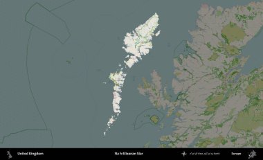 Hayır, Eileanan Siar. Birleşik Krallık 'ın idari alanı koyu renk bir OpenStreetMap Fransız tarzı haritada altı çizilmiş ve özetlenmiştir