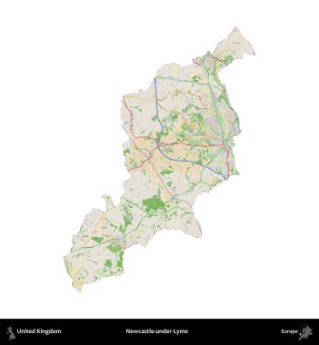 Adı Newcastle-under-Lyme. Birleşik Krallık 'ın idari alanı bir OpenStreetMap Fransız tarzı haritada beyazda izole edildi