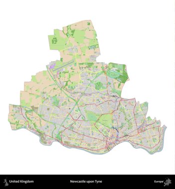 Newcastle Tyne 'da. Birleşik Krallık 'ın idari alanı bir OpenStreetMap Fransız tarzı haritada beyazda izole edildi