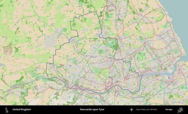 Newcastle Tyne 'da. Bir OpenStreetMap Fransız tarzı haritada Birleşik Krallık 'ın özetlenmiş idari alanı