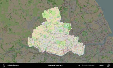 Newcastle Tyne 'da. Birleşik Krallık 'ın idari alanı koyu renk bir OpenStreetMap Fransız tarzı haritada altı çizilmiş ve özetlenmiştir