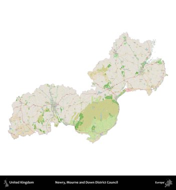 Newry, Mourne ve Down Bölge Konseyi. Birleşik Krallık 'ın idari alanı bir OpenStreetMap Fransız tarzı haritada beyazda izole edildi