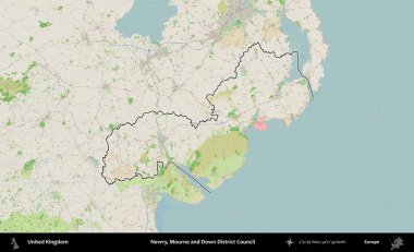 Newry, Mourne ve Down Bölge Konseyi. Bir OpenStreetMap Fransız tarzı haritada Birleşik Krallık 'ın özetlenmiş idari alanı
