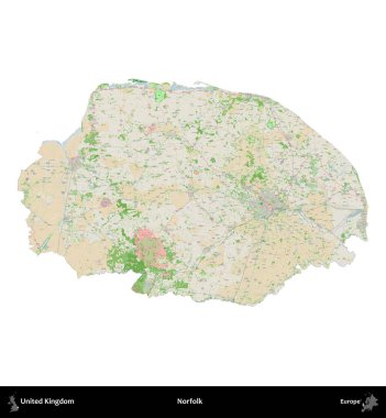 Norfolk. Birleşik Krallık 'ın idari alanı bir OpenStreetMap Fransız tarzı haritada beyazda izole edildi