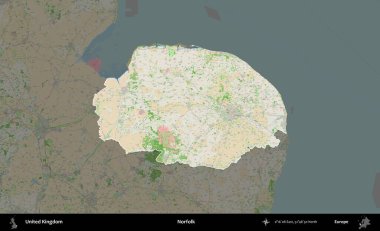 Norfolk. Birleşik Krallık 'ın idari alanı koyu renk bir OpenStreetMap Fransız tarzı haritada altı çizilmiş ve özetlenmiştir