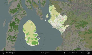 Kuzey Ayrshire. Birleşik Krallık 'ın idari alanı koyu renk bir OpenStreetMap Fransız tarzı haritada altı çizilmiş ve özetlenmiştir