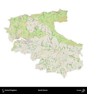 Kuzey Devon. Birleşik Krallık 'ın idari alanı bir OpenStreetMap Fransız tarzı haritada beyazda izole edildi