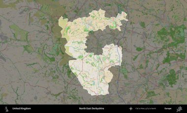 Kuzey Doğu Derbyshire. Birleşik Krallık 'ın idari alanı koyu renk bir OpenStreetMap Fransız tarzı haritada altı çizilmiş ve özetlenmiştir