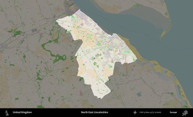 Kuzey Doğu Hughnshire. Birleşik Krallık 'ın idari alanı koyu renk bir OpenStreetMap Fransız tarzı haritada altı çizilmiş ve özetlenmiştir