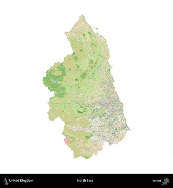Kuzeydoğu. Birleşik Krallık 'ın idari alanı bir OpenStreetMap Fransız tarzı haritada beyazda izole edildi