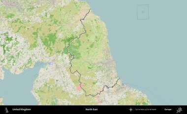 Kuzeydoğu. Bir OpenStreetMap Fransız tarzı haritada Birleşik Krallık 'ın özetlenmiş idari alanı