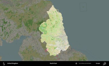 Kuzeydoğu. Birleşik Krallık 'ın idari alanı koyu renk bir OpenStreetMap Fransız tarzı haritada altı çizilmiş ve özetlenmiştir