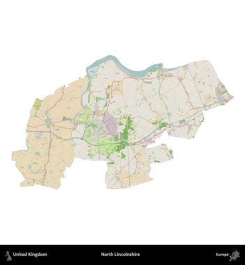 Kuzey Hughnshire 'da. Birleşik Krallık 'ın idari alanı bir OpenStreetMap Fransız tarzı haritada beyazda izole edildi