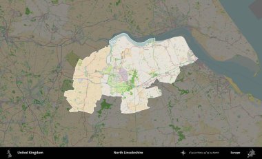 Kuzey Hughnshire 'da. Birleşik Krallık 'ın idari alanı koyu renk bir OpenStreetMap Fransız tarzı haritada altı çizilmiş ve özetlenmiştir