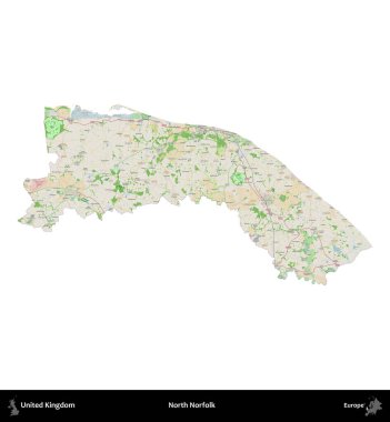 Kuzey Norfolk. Birleşik Krallık 'ın idari alanı bir OpenStreetMap Fransız tarzı haritada beyazda izole edildi