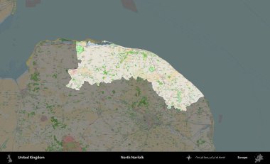 Kuzey Norfolk. Birleşik Krallık 'ın idari alanı koyu renk bir OpenStreetMap Fransız tarzı haritada altı çizilmiş ve özetlenmiştir