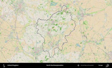 Kuzey Northamptonshire. Bir OpenStreetMap Fransız tarzı haritada Birleşik Krallık 'ın özetlenmiş idari alanı