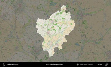 Kuzey Northamptonshire. Birleşik Krallık 'ın idari alanı koyu renk bir OpenStreetMap Fransız tarzı haritada altı çizilmiş ve özetlenmiştir