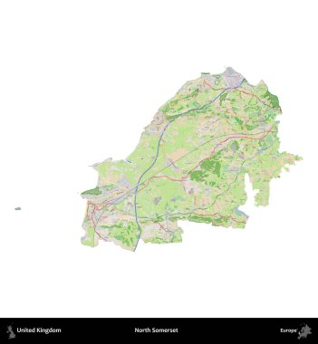 Kuzey Somerset. Birleşik Krallık 'ın idari alanı bir OpenStreetMap Fransız tarzı haritada beyazda izole edildi