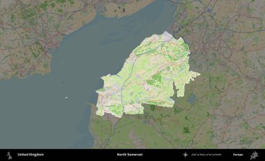 Kuzey Somerset. Birleşik Krallık 'ın idari alanı koyu renk bir OpenStreetMap Fransız tarzı haritada altı çizilmiş ve özetlenmiştir