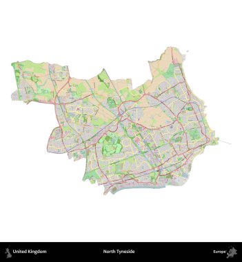 Kuzey Tyneside. Birleşik Krallık 'ın idari alanı bir OpenStreetMap Fransız tarzı haritada beyazda izole edildi