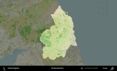 Northumberland 'de. Birleşik Krallık 'ın idari alanı koyu renk bir OpenStreetMap Fransız tarzı haritada altı çizilmiş ve özetlenmiştir