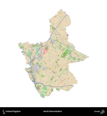 Kuzey Warwickshire. Birleşik Krallık 'ın idari alanı bir OpenStreetMap Fransız tarzı haritada beyazda izole edildi