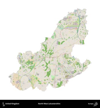 Kuzey Batı Leicestershire. Birleşik Krallık 'ın idari alanı bir OpenStreetMap Fransız tarzı haritada beyazda izole edildi