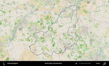 Kuzey Batı Leicestershire. Bir OpenStreetMap Fransız tarzı haritada Birleşik Krallık 'ın özetlenmiş idari alanı