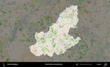 Kuzey Batı Leicestershire. Birleşik Krallık 'ın idari alanı koyu renk bir OpenStreetMap Fransız tarzı haritada altı çizilmiş ve özetlenmiştir