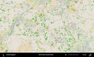 Kuzey Batı Leicestershire. Bir OpenStreetMap Fransız stili haritasında Birleşik Krallık 'ın idari alanı