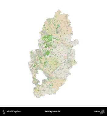 Nottinghamshire 'da. Birleşik Krallık 'ın idari alanı bir OpenStreetMap Fransız tarzı haritada beyazda izole edildi