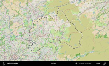 Oldham. Bir OpenStreetMap Fransız tarzı haritada Birleşik Krallık 'ın özetlenmiş idari alanı